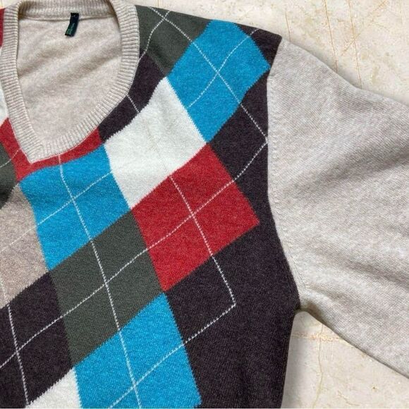 Benetton Argyle Long Sleeve V-Neck Pullover Sweater Small Preppy Academia - Picture 3 of 8